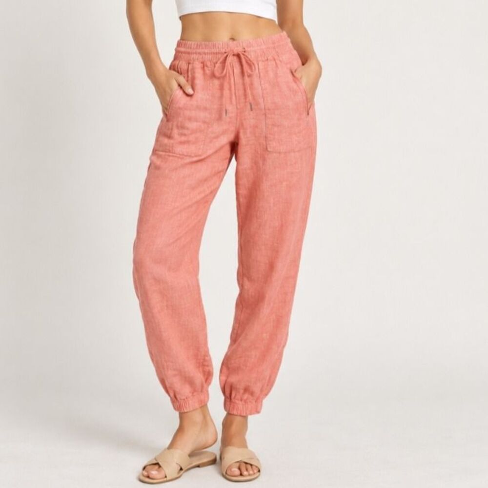 Athleta Cabo 100% Linen Retreat Coral Salmon Jogger Pants Drawstring Resort Sz 8